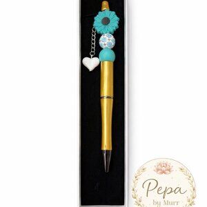 Gold & Turquoise Beaded Pen in Gift Box – Handmade Cute Stationery